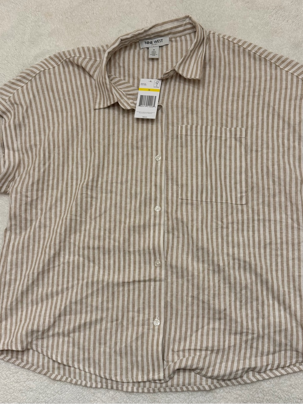 Nine West Beige and White Striped Button-Down Shirt